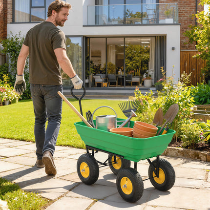 75 Litre Heavy Duty Garden Cart 4 Wheel Trolley Dump Wheelbarrow Trailer - Green