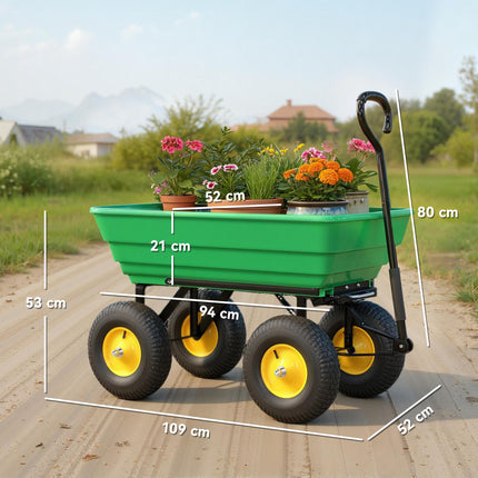 75 Litre Heavy Duty Garden Cart 4 Wheel Trolley Dump Wheelbarrow Trailer - Green