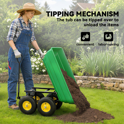 75 Litre Heavy Duty Garden Cart 4 Wheel Trolley Dump Wheelbarrow Trailer - Green