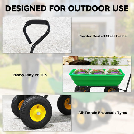 75 Litre Heavy Duty Garden Cart 4 Wheel Trolley Dump Wheelbarrow Trailer - Green