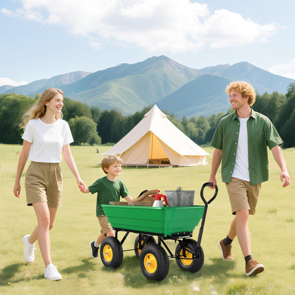 75 Litre Heavy Duty Garden Cart 4 Wheel Trolley Dump Wheelbarrow Trailer - Green