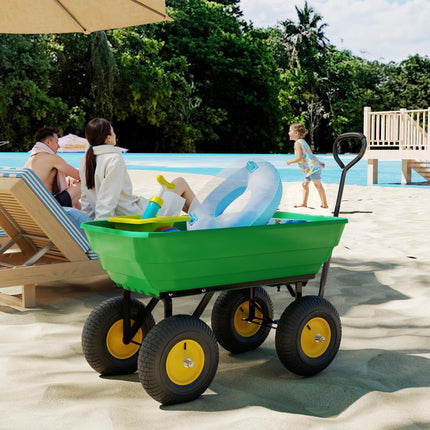 75 Litre Heavy Duty Garden Cart 4 Wheel Trolley Dump Wheelbarrow Trailer - Green