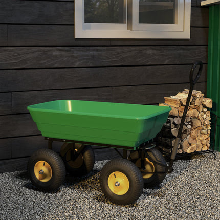 75 Litre Heavy Duty Garden Cart 4 Wheel Trolley Dump Wheelbarrow Trailer - Green
