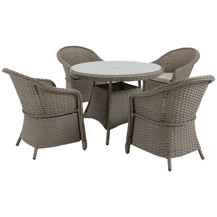 5-Piece Outdoor Patio PE Rattan Dining Set with 4 Chairs & Round Table w/Umbrella Hole - Mixed Grey