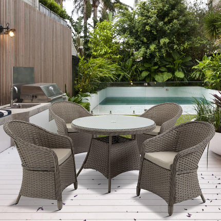 5-Piece Outdoor Patio PE Rattan Dining Set with 4 Chairs & Round Table w/Umbrella Hole - Mixed Grey