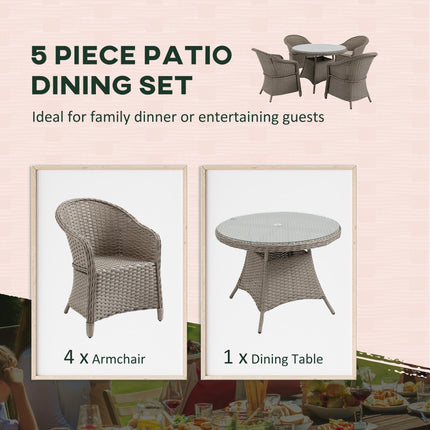 5-Piece Outdoor Patio PE Rattan Dining Set with 4 Chairs & Round Table w/Umbrella Hole - Mixed Grey