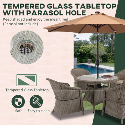 5-Piece Outdoor Patio PE Rattan Dining Set with 4 Chairs & Round Table w/Umbrella Hole - Mixed Grey