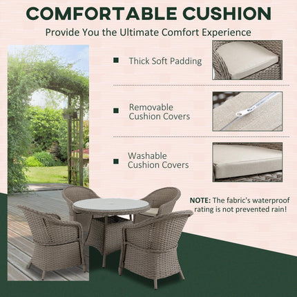 5-Piece Outdoor Patio PE Rattan Dining Set with 4 Chairs & Round Table w/Umbrella Hole - Mixed Grey