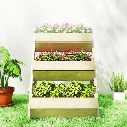 3 Tier Raised Wooden Garden Planter Box Kit with Drainage Holes - Green