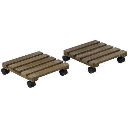 Set of 2 Wooden Plant Stands with Wheels for Indoor Outdoor Use - Dark Brown