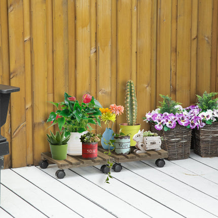 Set of 2 Wooden Plant Stands with Wheels for Indoor Outdoor Use - Dark Brown