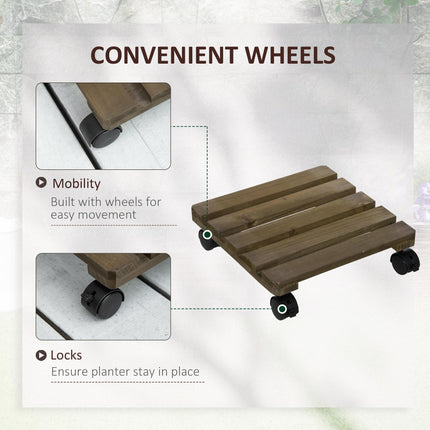 Set of 2 Wooden Plant Stands with Wheels for Indoor Outdoor Use - Dark Brown