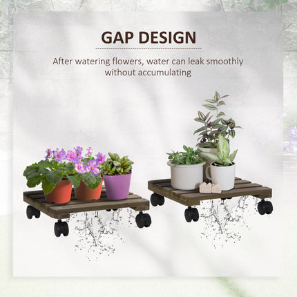 Set of 2 Wooden Plant Stands with Wheels for Indoor Outdoor Use - Dark Brown
