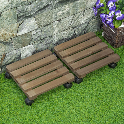Set of 2 Wooden Plant Stands with Wheels for Indoor Outdoor Use - Dark Brown