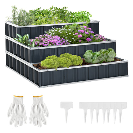 3 Tier Raised Garden Bed, Metal Elevated Planer Box Kit Flower Pot w/ A Pairs of