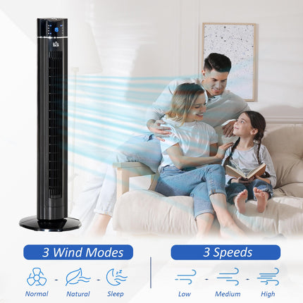 42" Anion Tower Fan with 3 Speeds, 8h Timer, Oscillation, LED Panel & Remote - Black