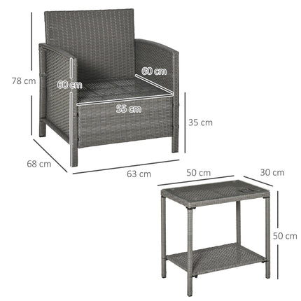 3 Piece Rattan Garden Furniture Set with Metal Frame - Light Grey