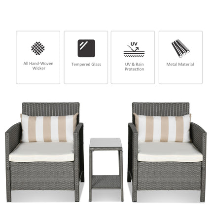 3 Piece Rattan Garden Furniture Set with Metal Frame - Light Grey