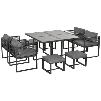 8 Seater Aluminium Garden Dining Cube Set with Table, 4 Chairs & 4 Footstools with Cushions - Grey