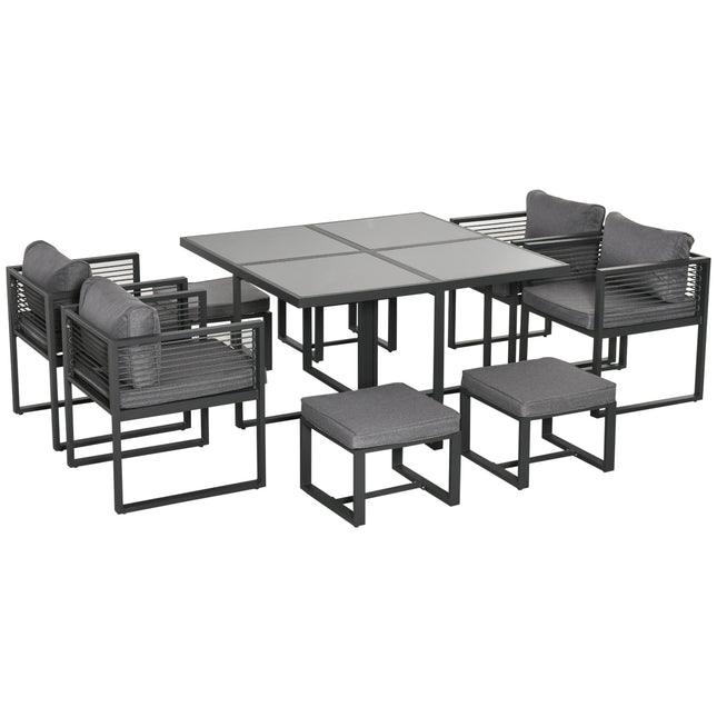 8 Seater Aluminium Garden Dining Cube Set with Table, 4 Chairs & 4 Footstools with Cushions - Grey