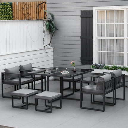 8 Seater Aluminium Garden Dining Cube Set with Table, 4 Chairs & 4 Footstools with Cushions - Grey