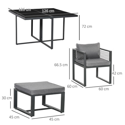 8 Seater Aluminium Garden Dining Cube Set with Table, 4 Chairs & 4 Footstools with Cushions - Grey