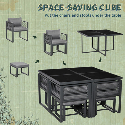 8 Seater Aluminium Garden Dining Cube Set with Table, 4 Chairs & 4 Footstools with Cushions - Grey