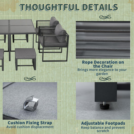 8 Seater Aluminium Garden Dining Cube Set with Table, 4 Chairs & 4 Footstools with Cushions - Grey