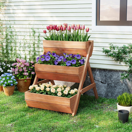 3 Tier Wooden Raised Garden Bed Kit with Drainage Holes - Brown