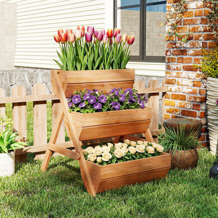 3 Tier Wooden Raised Garden Bed Kit with Drainage Holes - Brown