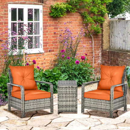 3 Piece PE Rattan Garden Bistro Set With Removable Cushions - Grey Orange