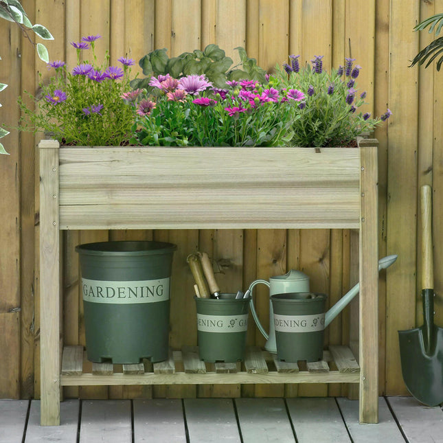 2 Tier Wooden Raised Garden Bed with Storage Shelf - Natural Wood