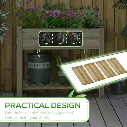 2 Tier Wooden Raised Garden Bed with Storage Shelf - Natural Wood