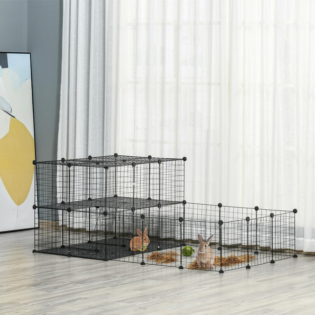 Pet Playpen with Door, Guinea Pigs Metal Mesh Cage for Small Animal, Chinchilla, 175 x 105 x 70 CM, Black