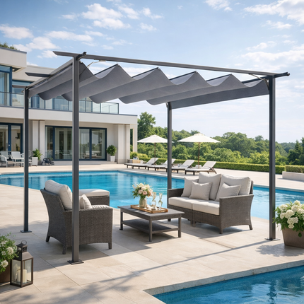 Retractable Metal Pergola with UV Resistant Canopy 350x350cm - Grey