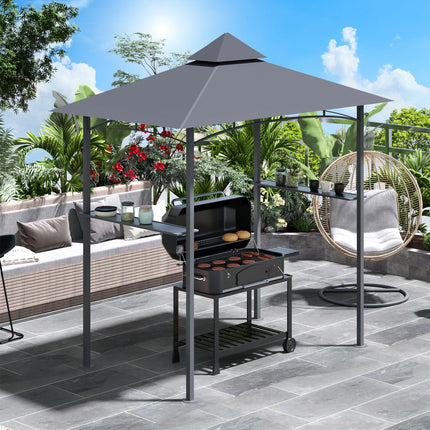 Double-Tier BBQ Gazebo Grill Canopy with Shelves and Ventilation - Grey