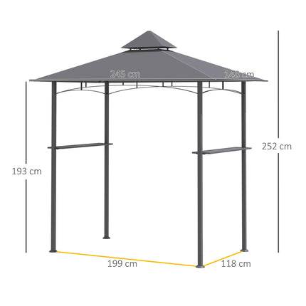 Double-Tier BBQ Gazebo Grill Canopy with Shelves and Ventilation - Grey