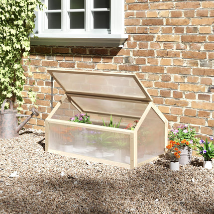 Wooden Cold Frame Garden Polycarbonate Greenhouse with Openable Top Cover, Grow
