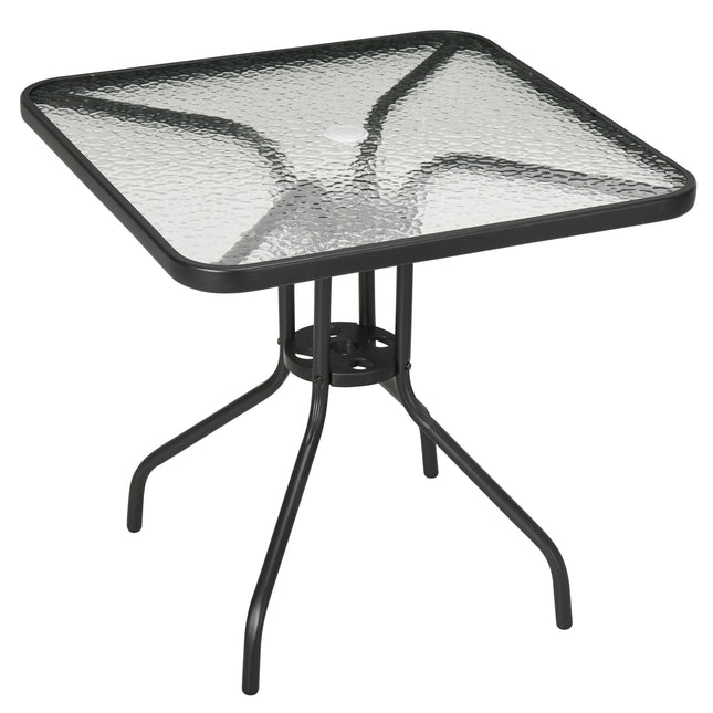 Square Tempered Glass Bistro Table with Steel Frame and Parasol Hole 76x76cm - Black