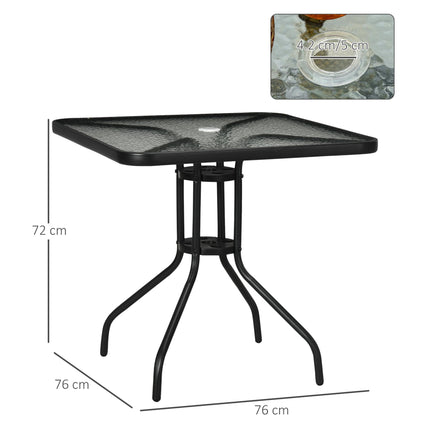 Square Tempered Glass Bistro Table with Steel Frame and Parasol Hole 76x76cm - Black
