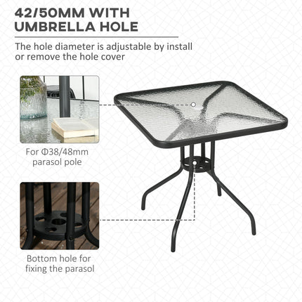 Square Tempered Glass Bistro Table with Steel Frame and Parasol Hole 76x76cm - Black
