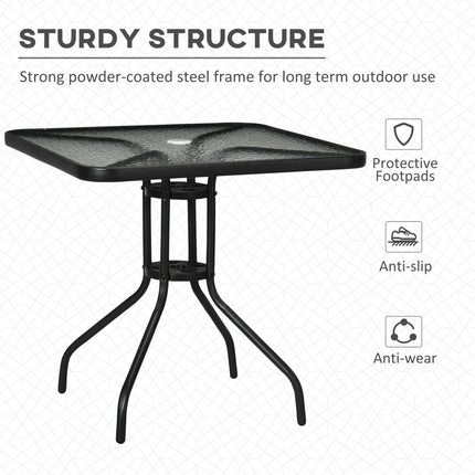 Square Tempered Glass Bistro Table with Steel Frame and Parasol Hole 76x76cm - Black