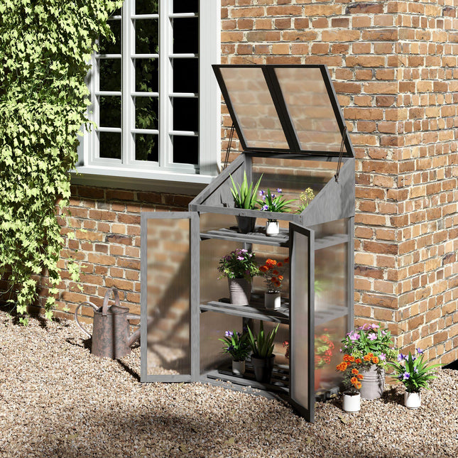 3 Tier Wooden Cold Frame Greenhouse with Polycarbonate Glazing - Grey