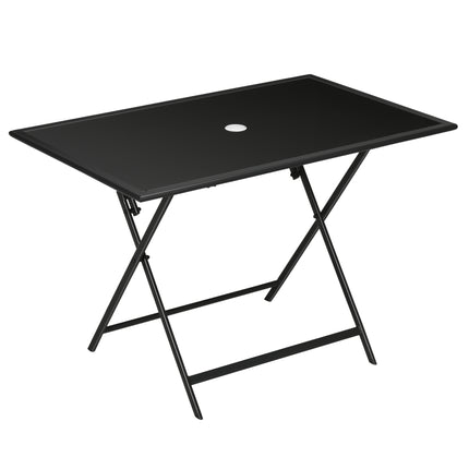 6 Seater Folding Outdoor Dining Table with Tempered Glass Top and Umbrella Hole - Black