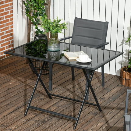 6 Seater Folding Outdoor Dining Table with Tempered Glass Top and Umbrella Hole - Black