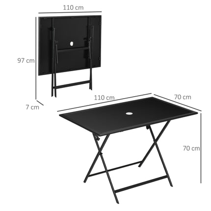 6 Seater Folding Outdoor Dining Table with Tempered Glass Top and Umbrella Hole - Black