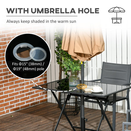 6 Seater Folding Outdoor Dining Table with Tempered Glass Top and Umbrella Hole - Black