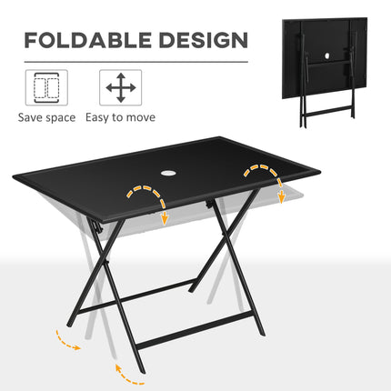 6 Seater Folding Outdoor Dining Table with Tempered Glass Top and Umbrella Hole - Black