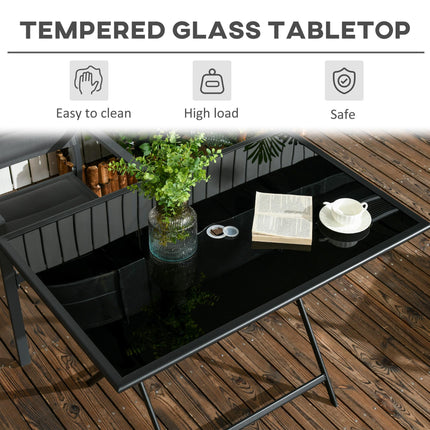 6 Seater Folding Outdoor Dining Table with Tempered Glass Top and Umbrella Hole - Black