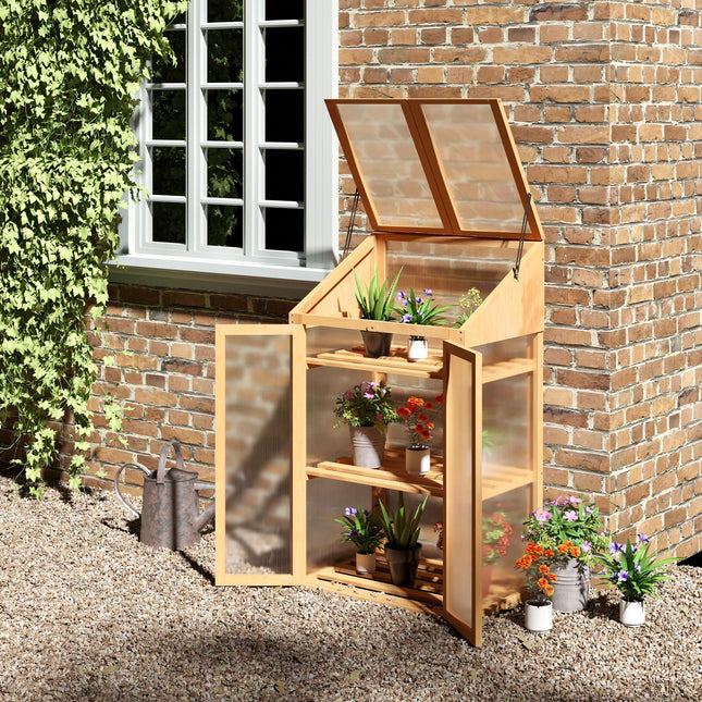Wooden Greenhouse with Polycarbonate Glazing and Double Doors - Brown